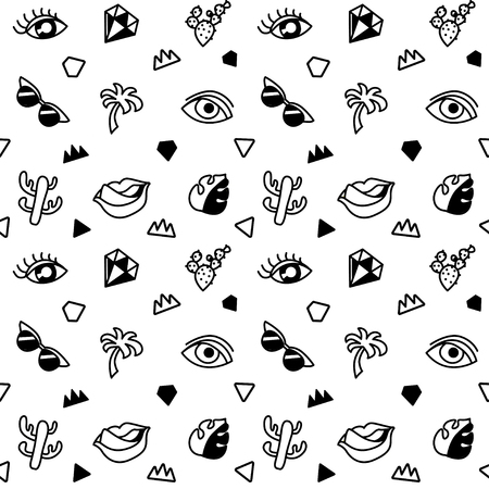 Seamless black and whight pattern with fashion patches. Pop art. Vector background in cartoon 80s-90s comic style. Trend. Lips, eyes, leafs, palms, glasses, cactus. Vector clip-artのイラスト素材
