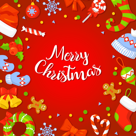 Christmas Frame With Holly Decoration. Vector illustration. Holiday frame. Christmas card poster banner. Colorful Christmas card with frame. Vector clip artのイラスト素材