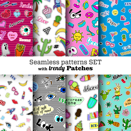 Seamless patterns set with fashion patch badges. Pop art. Stickers, pins, patches in cartoon 80s-90s comic style. Trendy. Vector clip-art.のイラスト素材