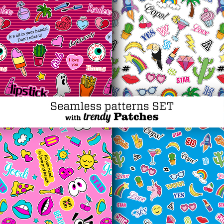 Seamless patterns set with fashion patch badges. Pop art. Stickers, pins, patches in cartoon 80s-90s comic style. Trendy. Vector clip-art.のイラスト素材
