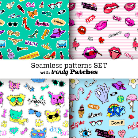 Seamless patterns set with fashion patch badges. Pop art. Stickers, pins, patches in cartoon 80s-90s comic style. Trendy. Vector clip-art.のイラスト素材