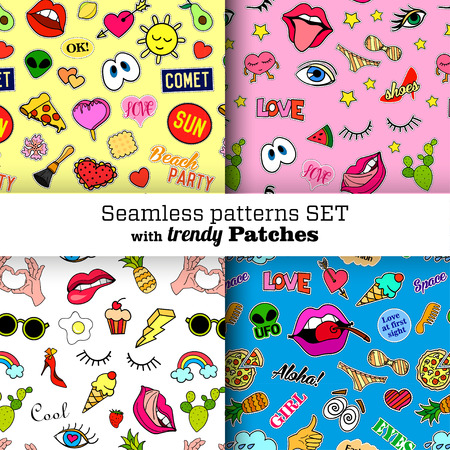 Seamless patterns set with fashion patch badges. Pop art. Stickers, pins, patches in cartoon 80s-90s comic style. Trendy. Vector clip-art.のイラスト素材