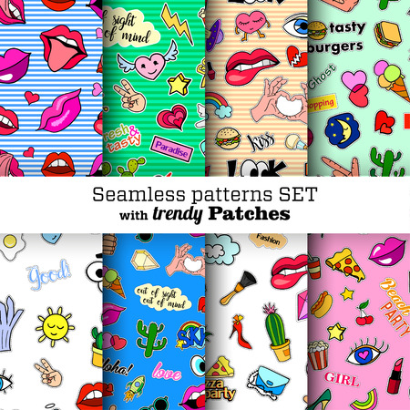 Seamless patterns set with fashion patch badges. Pop art. Stickers, pins, patches in cartoon 80s-90s comic style. Trendy. Vector clip-art.のイラスト素材
