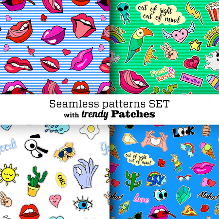 Seamless patterns set with fashion patch badges. Pop art. Stickers, pins, patches in cartoon 80s-90s comic style. Trendy. Vector clip-art.のイラスト素材