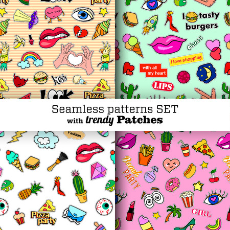 Seamless patterns set with fashion patch badges. Pop art. Stickers, pins, patches in cartoon 80s-90s comic style. Trendy. Vector clip-art.のイラスト素材