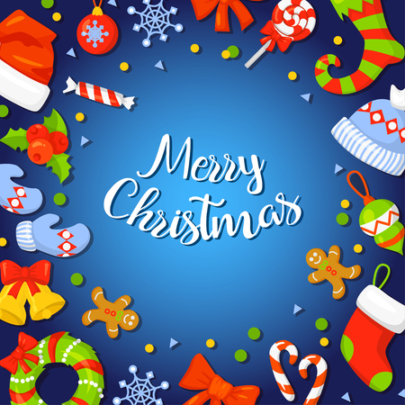 Christmas Frame With Holly Decoration. Vector illustration. Holiday frame. Christmas card poster banner. Colorful Christmas card with frame. Vector clip artのイラスト素材