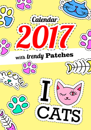 Calendar 2017 with cats. In cartoon 80s-90s comic style with fashion patches, pins and stickers. Pop art vector illustration. Trendy colors. Vector clip art.のイラスト素材