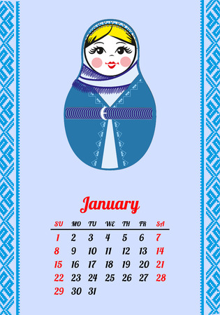 Calendar with nested dolls 2017. Matryoshka with different Russian national ornament. 2017 design. Week Starts Sunday. January Vector illustration.のイラスト素材