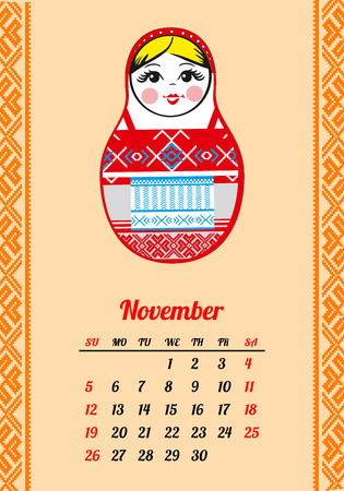 Calendar with nested dolls 2017. Matryoshka with different Russian national ornament. 2017 design. November. Week Starts Sunday. Vector illustration.のイラスト素材