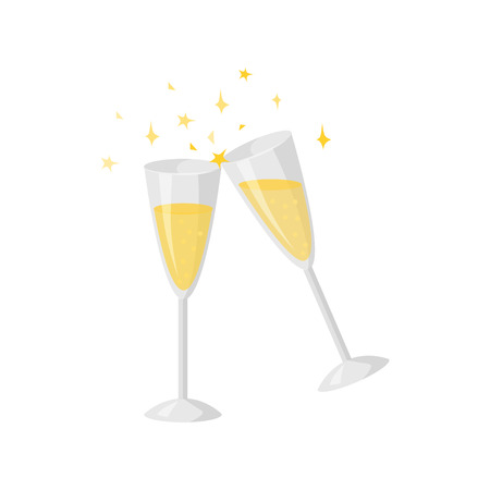 Vector of Two glasses champagne isolated on white. Cartoon style. Cute funny christmas icon.のイラスト素材