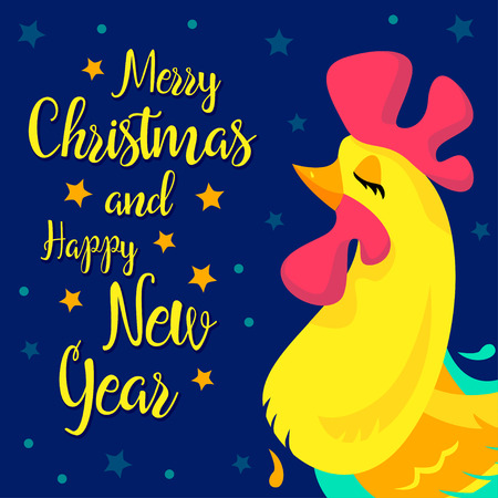 Merry Christmas and happy New Year memory card. Vector New Year congratulation design. Rooster, cock portrait cartoon illustration. Chinese year symbol 2017. Eps 10のイラスト素材