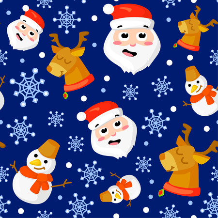 Seamless pattern with cute cartoon Christmas mittens, candy cane, holly berries, smiling snowman and red stocking with xmas tree New year traditional symbols. icons objects. Vector clip artのイラスト素材