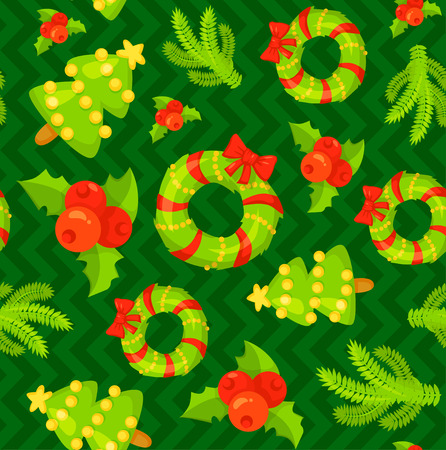 Seamless pattern with cute cartoon Christmas mittens, candy cane, holly berries, smiling snowman and red stocking with xmas tree New year traditional symbols. icons objects. Vector clip artのイラスト素材