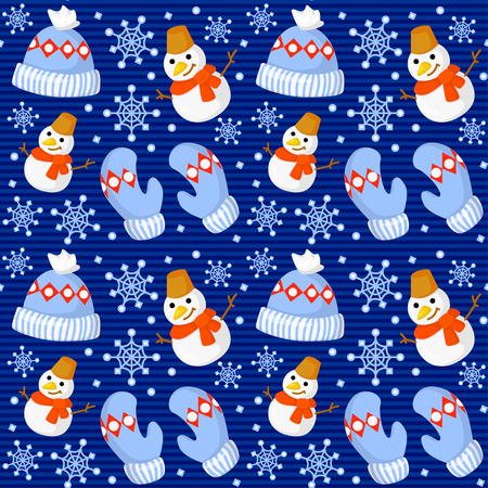 Seamless pattern with cute cartoon Christmas mittens, candy cane, holly berries, smiling snowman and red stocking with xmas tree New year traditional symbols. icons objects. Vector clip artのイラスト素材