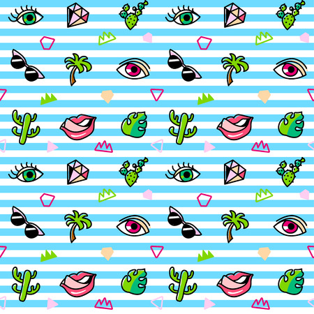 Seamless pattern with fashion patches. Pop art. Vector background in cartoon 80s-90s comic style. Trend. Lips, eyes, leafs, palms, glasses, cactus. Vector clip-artのイラスト素材