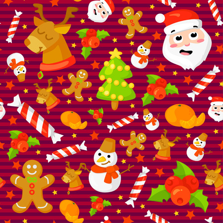 Seamless pattern with cute cartoon Christmas mittens, candy cane, holly berries, smiling snowman and red stocking with xmas tree New year traditional symbols. icons objects. Vector clip artのイラスト素材