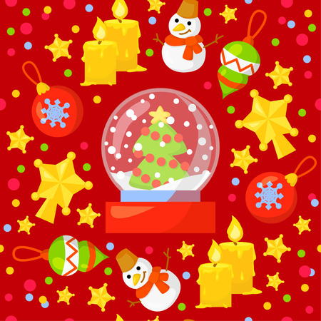Seamless pattern with cute cartoon Christmas mittens, candy cane, holly berries, smiling snowman and red stocking with xmas tree New year traditional symbols. icons objects. Vector clip artのイラスト素材