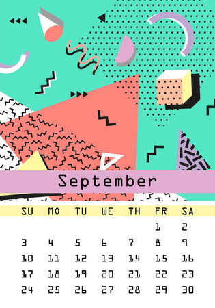 Calendar 2017. September. Retro vintage 80s or 90s fashion style. Memphis cards. Trendy geometric elements. Trendy colors.のイラスト素材