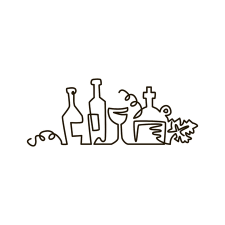 Vector Line icon. Bottles of wine with grape leaves. One line drawing. Isolated on white background. Continuous single one drawn lineのイラスト素材