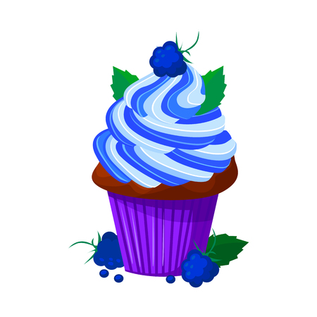 Vector cartoon style illustration of sweet cupcake. Delicious sweet dessert decorated with creme . Muffin isolated on white background.のイラスト素材