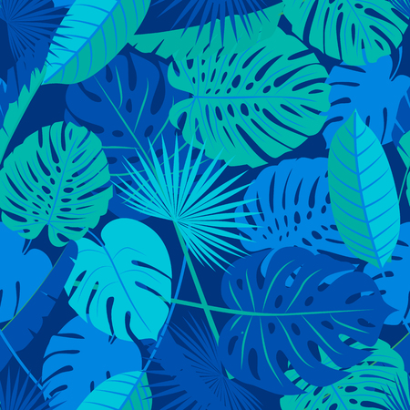 Beautiful seamless tropical jungle floral pattern background with different palm leaves. Vector illustration. blue coloursのイラスト素材