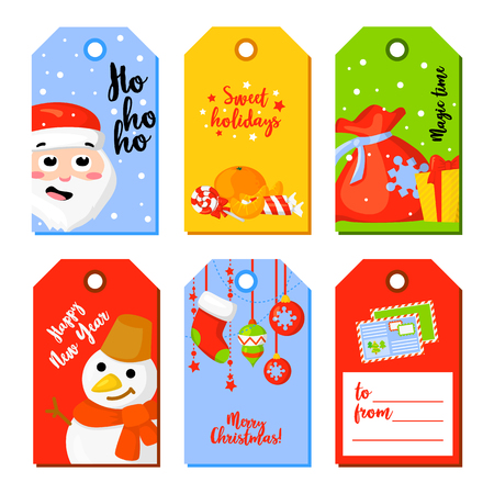 Set of Christmas and New Year greeting cards. Label tag set. Vector illustration. Includes xmas socks, gift boxes, holiday decoration and typography quotes. Cartoon styleのイラスト素材