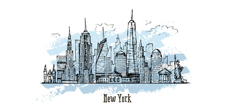 New York vector drawing, hand drawn illustration, sketch style. panoramaのイラスト素材