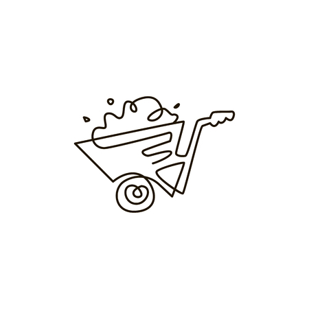 Vector Line Icon. wheelbarrow full of dirt. Gardening. One line drawing. Isolated on white background. Continuous single one drawn lineのイラスト素材