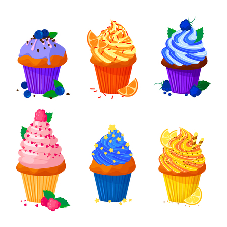 Vector cartoon style illustration of sweet cupcakes. Delicious sweet desserts decorated with creme and sprinkles. Set. Muffins isolated on white background.のイラスト素材
