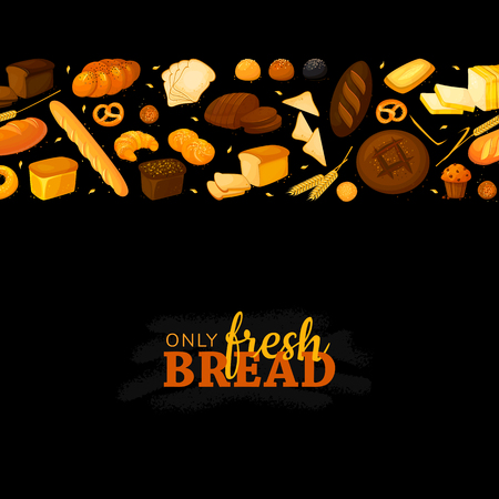 Poster frame template with bread products on black chalkboard. Cartoon vector illustration. Rye, whole grain bread and pretzel, muffin, pita , ciabatta and wheat bread, croissant, bagel, french baguette for design menu bakeryのイラスト素材