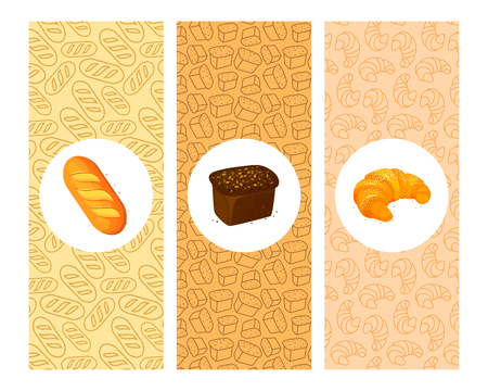 Set of bakery cartoon banners. Cartoon Color Bakery Banner Card Vecrtical Set for design.のイラスト素材