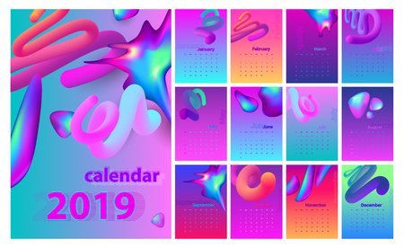 Calendar design for 2019. Colorful set. Week starts on Sunday. Fluid shapes, Cool gradients, liquids. Trendy vector collection. Futuristic minimal design. Eps10 vector.のイラスト素材