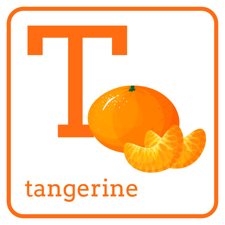 An alphabet with cute fruits, letters A to Z. Cartoon vector alphabet isolated on a white background. Letter T tangerineのイラスト素材