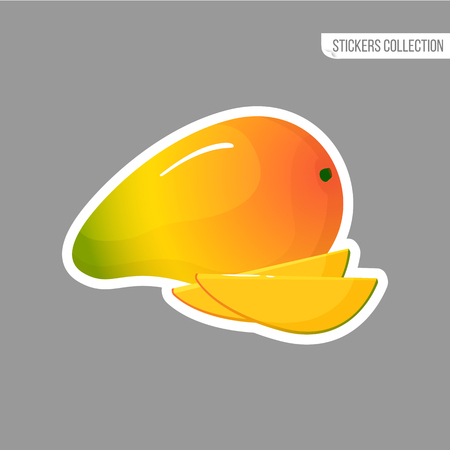 mango sticker isolated on white background. Bright vector illustration of colorful half and whole of juicy mango. Fresh cartoonのイラスト素材