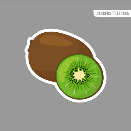 kiwi sticker isolated on white background. Bright vector illustration of colorful half and whole of juicy kiwi. Fresh cartoonのイラスト素材