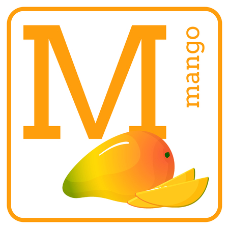 An alphabet with cute fruits, letters A to Z. Cartoon vector alphabet isolated on a white background. Letter M mangoのイラスト素材