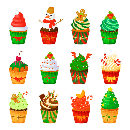 Vector Christmas cupcakes set. Cartoon muffins isolated on white background. Illustrations for greeting cards, posters, banners etc.のイラスト素材