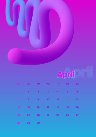 Calendar design for 2019. Colorful set. April. Week starts on Sunday. Fluid shapes, Cool gradients, liquids. Trendy vector collection. Futuristic minimal design. Eps10 vector.のイラスト素材