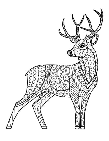 Hand Drawn Vector Illustration of Deer silhouette with decorative ornament, Vector illustration for coloring book page design. Isolated on whiteのイラスト素材
