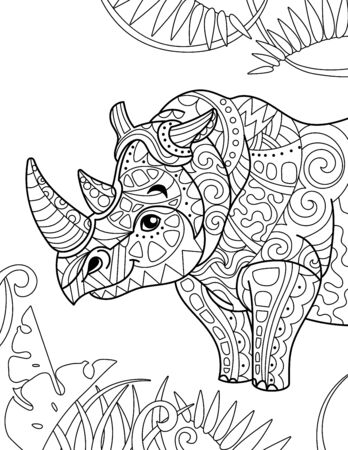 stylized cartoon rhino rhinoceros , isolated on white background. Hand drawn sketch for adult antistress coloring page, T-shirt emblem, doodleのイラスト素材