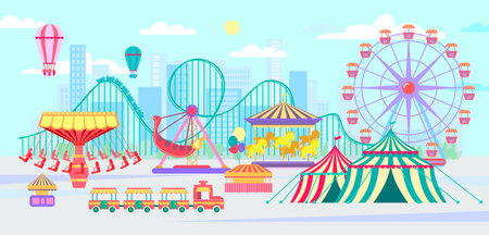 Amusement park, urban landscape with carousels, roller coaster and air balloon. Circus, Fun fair and Carnival theme vector illustration.のイラスト素材
