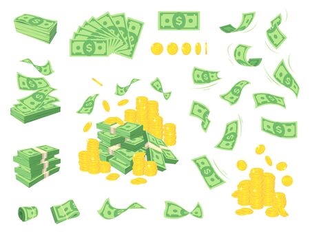 Set a various kind of money. Packing in bundles of bank notes, bills fly, gold coins. Vector cartoon money illustration. Objects isolated on a white background.のイラスト素材