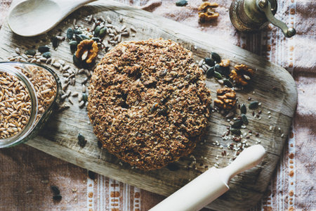 Homemade bread with walnuts, pumpkin seeds, sunflower seeds and sesame