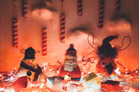Handmade Christmas decoration with Santa Claus, snowman and reindeerの写真素材
