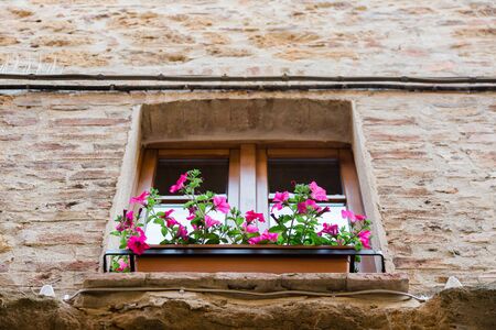 Beautiful pink flowers on the window of a rustic house in Italyの写真素材