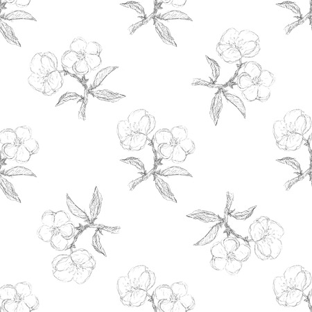 Seamless pattern with apple twig, pencil drawing.Set with apple twigのイラスト素材