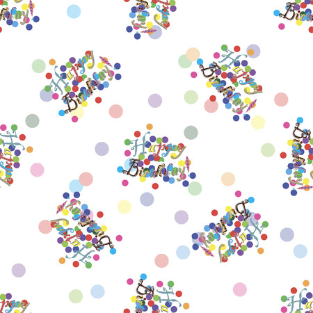 Seamless pattern with birthday text and confetti on the white background. Vector cartoon illustrationのイラスト素材