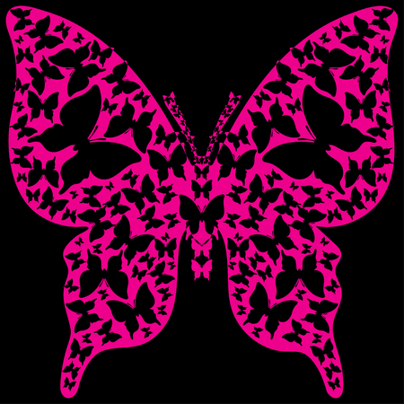 Abstract stencil symmetry outline violet butterfly from black butterflies on black background.Vector illustration for decorのイラスト素材