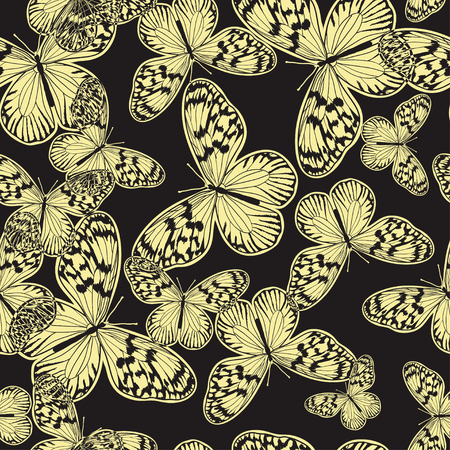 Seamless pattern with vintage milk-white butterfly on the black background. Vintage vector illustrationのイラスト素材