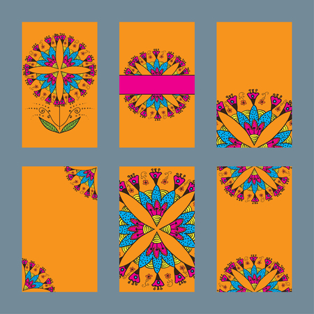 Six design of flayer and card with ornament beautiful indian mandala element - flower lotus. Perfect cards design for spa. mehndi, yoga, indian, arabicのイラスト素材